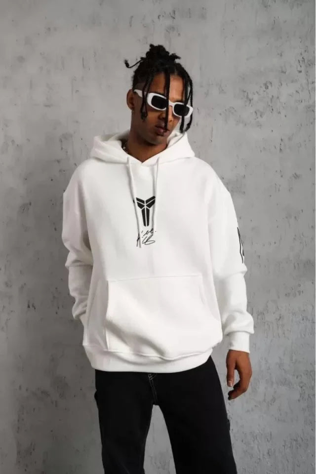 Unisex Sırt Baskılı Kapüşonlu Üç İplik Oversize Sweatshirt - Beyaz (127366)