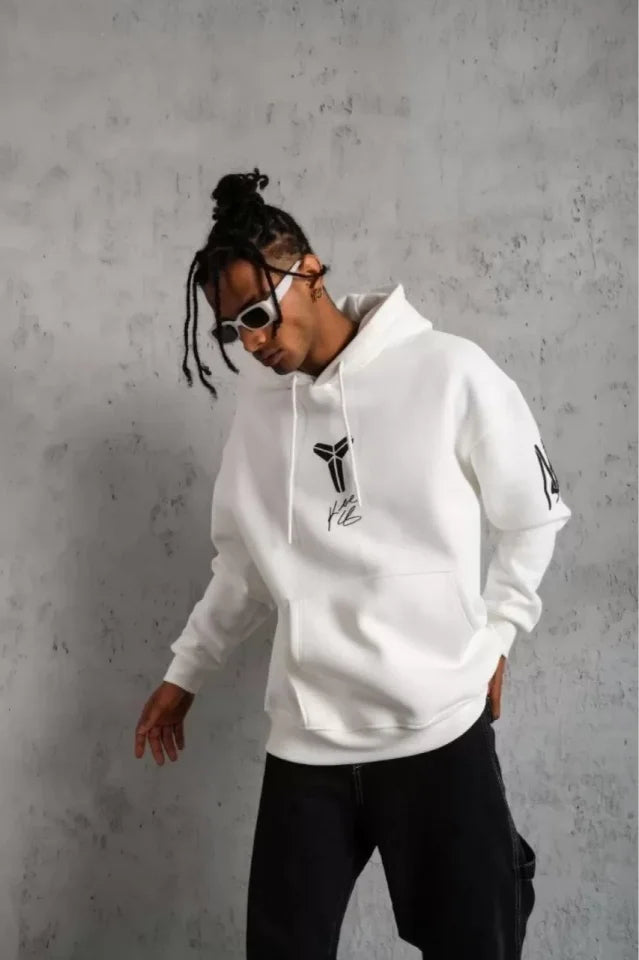 Unisex Sırt Baskılı Kapüşonlu Üç İplik Oversize Sweatshirt - Beyaz (127366)