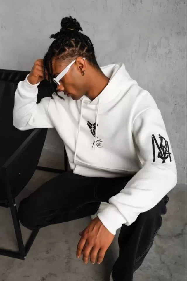 Unisex Sırt Baskılı Kapüşonlu Üç İplik Oversize Sweatshirt - Beyaz (127366)