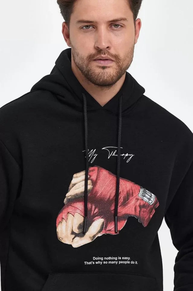 Unisex Kapüşonlu Üç İplik Oversize Baskılı Sweatshirt - Siyah (127623)