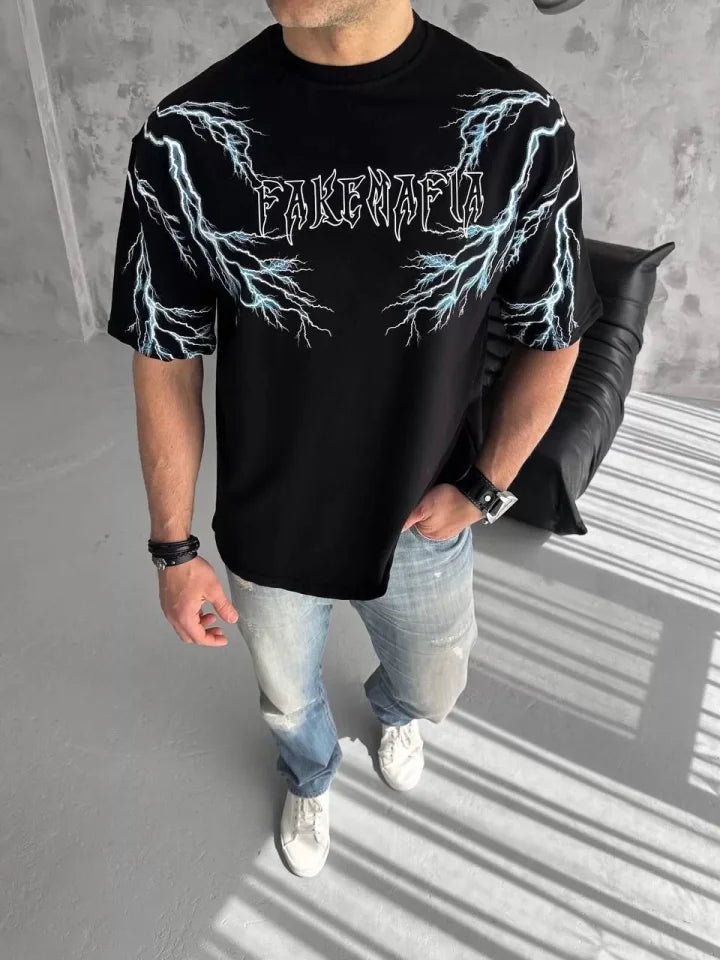 Unisex Bisiklet Yaka Baskılı Oversize T-Shirt - Siyah (129080)