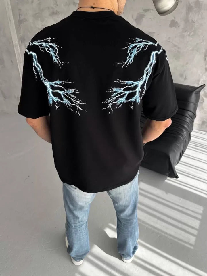 Unisex Bisiklet Yaka Baskılı Oversize T-Shirt - Siyah (129080)