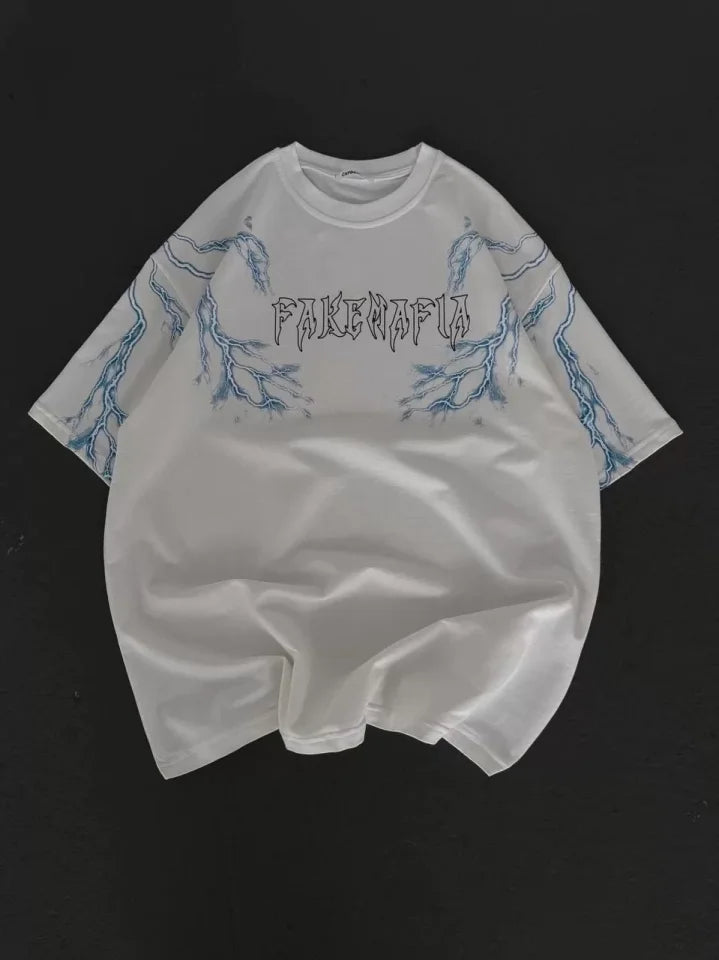 Unisex Bisiklet Yaka Baskılı Oversize T-Shirt - Beyaz (129081)