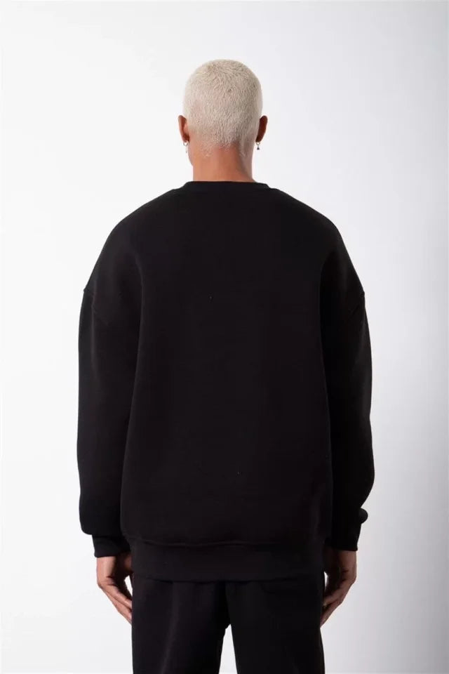 Unisex Biskilet Yaka Üç İplik SweatShirt - Siyah (129426)