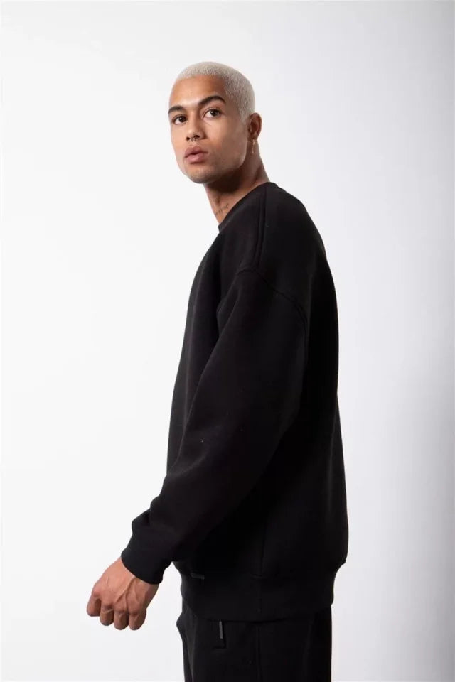 Unisex Biskilet Yaka Üç İplik SweatShirt - Siyah (129426)