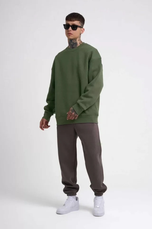 Unisex Biskilet Yaka Üç İplik SweatShirt - Haki (129428)