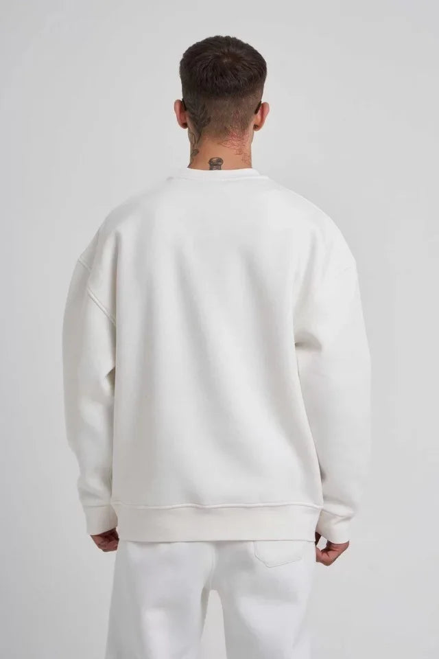 Unisex Biskilet Yaka Üç İplik SweatShirt - Beyaz (129431)
