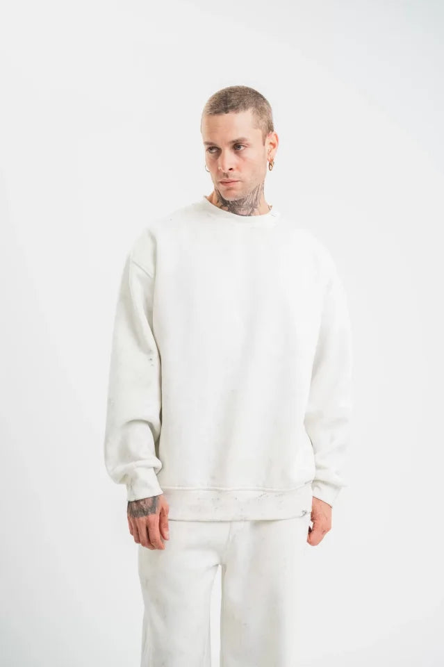 Unisex Uzun Kol Bisiklet Yaka Yıkamalı SweatShirt - Beyaz (130421)