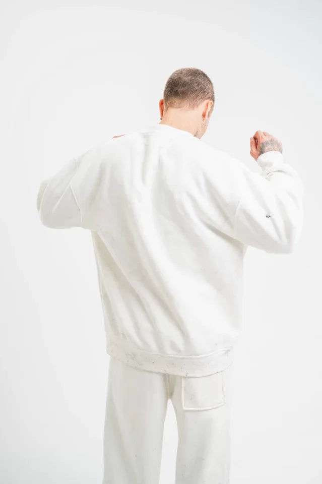 Unisex Uzun Kol Bisiklet Yaka Yıkamalı SweatShirt - Beyaz (130421)