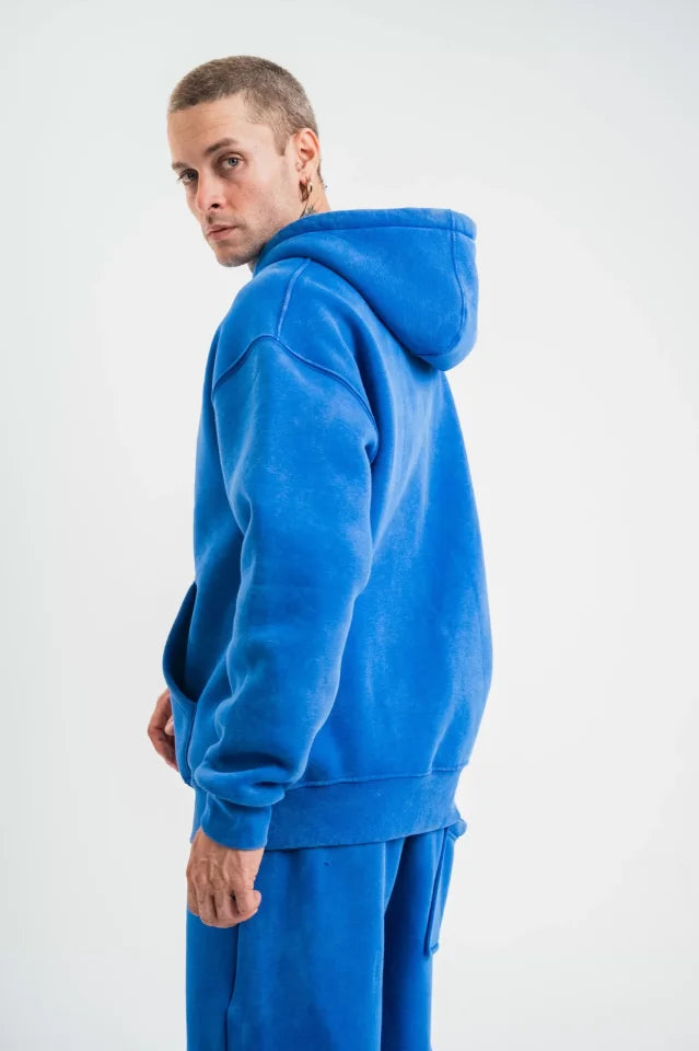 Unisex Double Oversize Kapşonlu Yıkamalı SweatShirt - Mavi (130422)