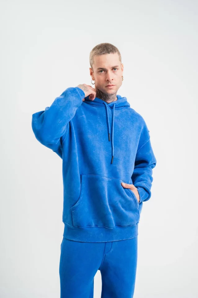 Unisex Double Oversize Kapşonlu Yıkamalı SweatShirt - Mavi (130422)