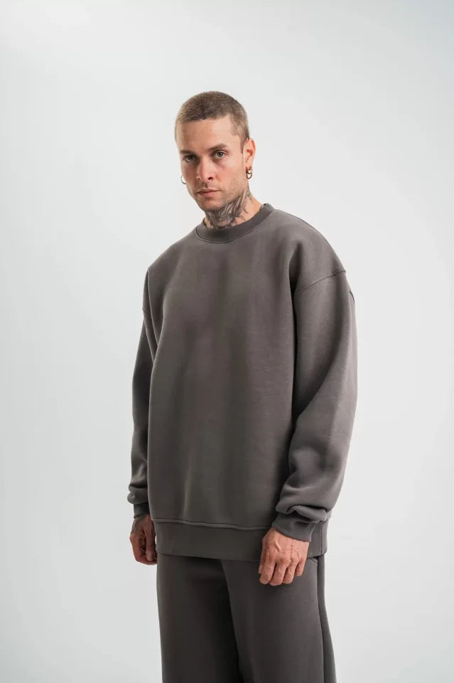Uzun Kol Bisiklet Yaka Basic SweatShirt - Füme (130432)