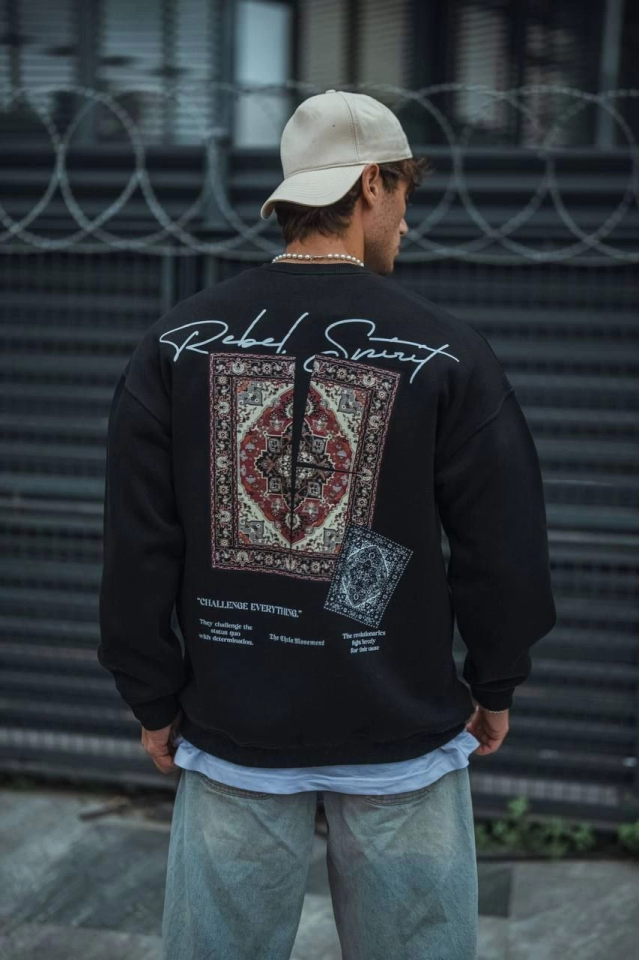 Uzun Kol Bisiklet Yaka Baskılı SweatShirt - Siyah (130904)