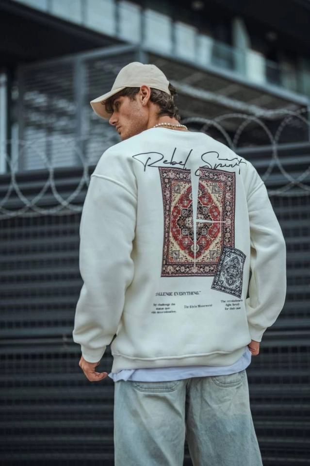 Uzun Kol Bisiklet Yaka Baskılı SweatShirt - Beyaz (130905)