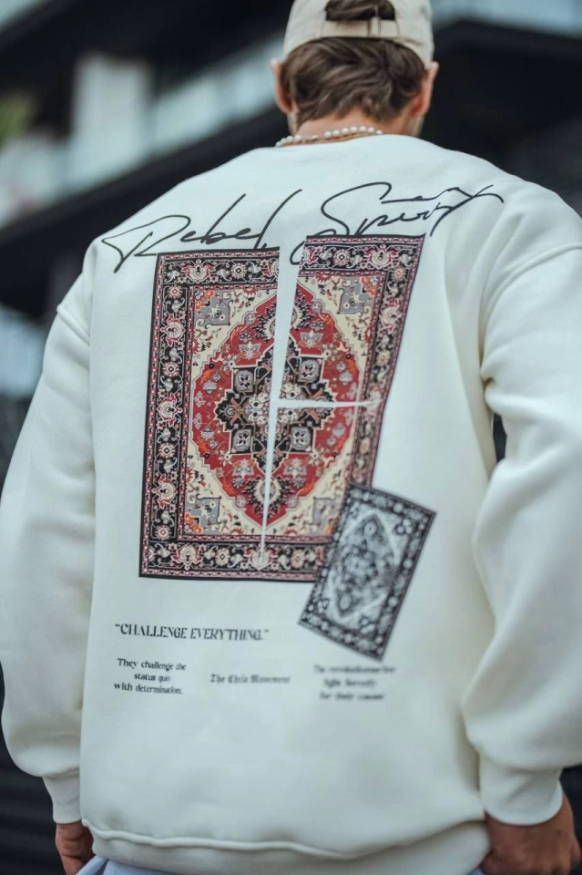 Uzun Kol Bisiklet Yaka Baskılı SweatShirt - Beyaz (130905)