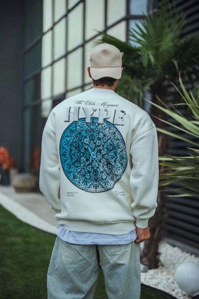 Üç İplik Bisiklet Yaka Baskılı SweatShirt - Beyaz (131070)