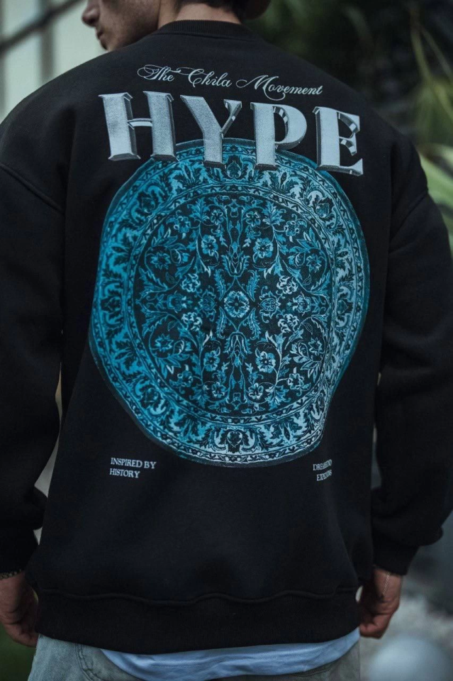 Üç İplik Bisiklet Yaka Baskılı SweatShirt - Siyah (131071)