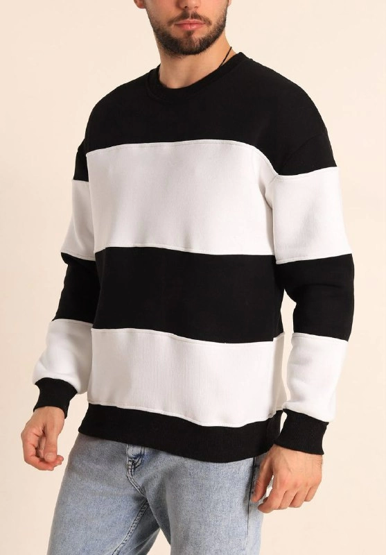 Parçalı Bisiklet Yaka Baskılı SweatShirt - Siyah (131085)