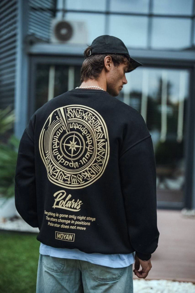 Kışlık Bisiklet Yaka Ön Ve Arka Baskılı SweatShirt - Siyah (131228)