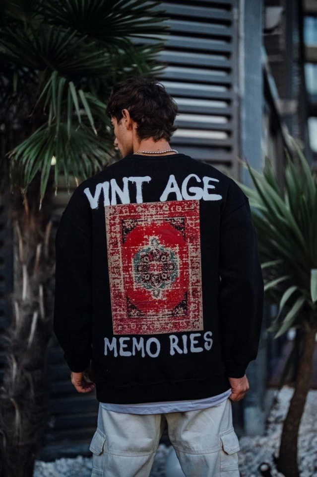 Oversize Bisiklet Yaka Üç İplik Baskılı SweatShirt - Siyah (131232)