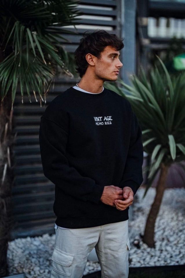 Oversize Bisiklet Yaka Üç İplik Baskılı SweatShirt - Siyah (131232)