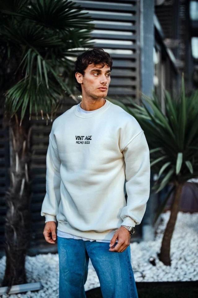 Oversize Bisiklet Yaka Üç İplik Baskılı SweatShirt - Beyaz (131233)