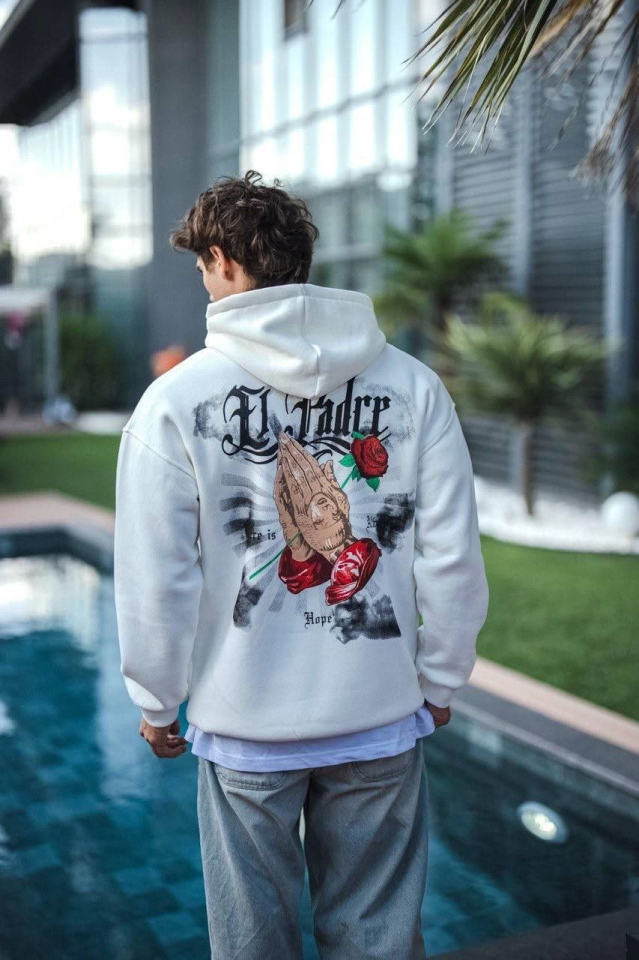 Üç İplik Penye Kapşonlu Baskılı SweatShirt - Beyaz (131234)