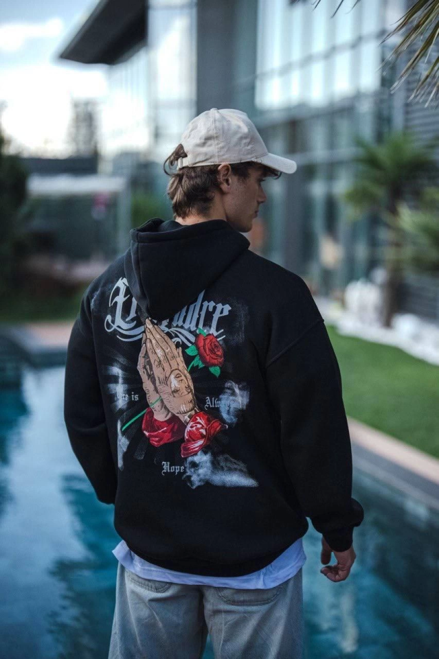 Üç İplik Penye Kapşonlu Baskılı SweatShirt - Siyah (131235)