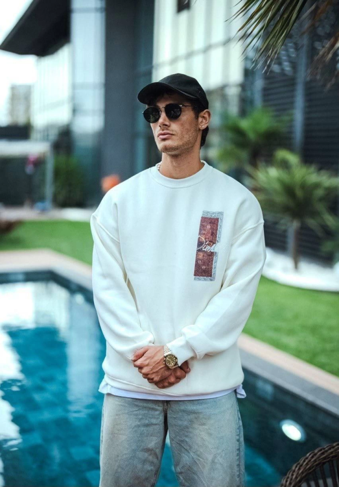 Uzun Kol Bisiklet Yaka Ön Ve Arka Baskılı SweatShirt - Beyaz (131236)