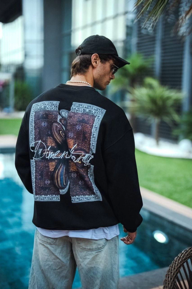 Uzun Kol Bisiklet Yaka Ön Ve Arka Baskılı SweatShirt - Siyah (131237)