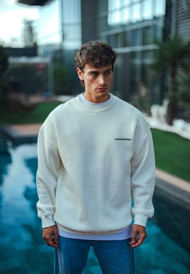 Kışlık Bisiklet Yaka Oversize Baskılı SweatShirt - Beyaz (131238)