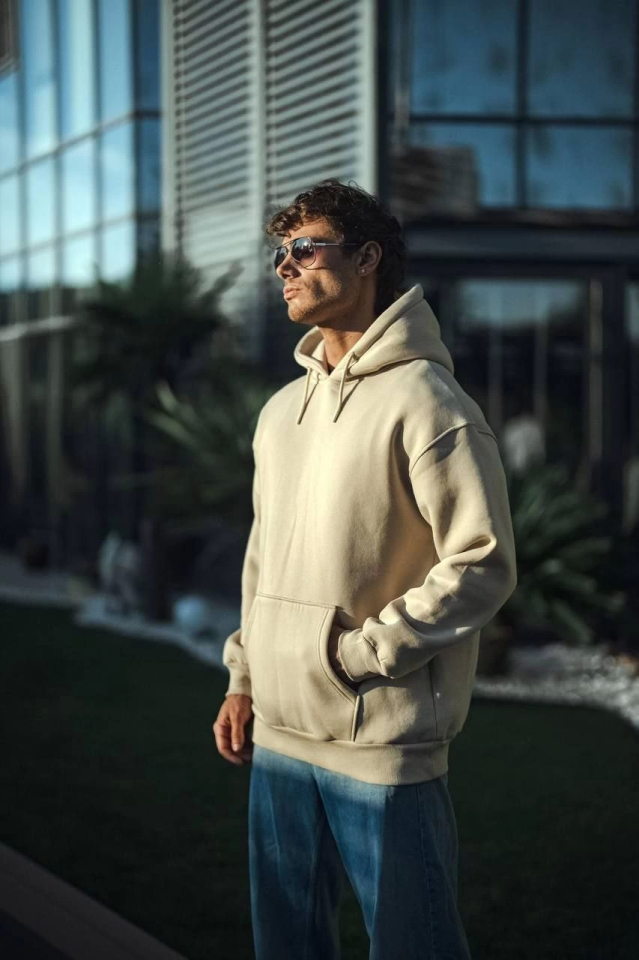 Üç İplik Penye Kapşonlu Basic SweatShirt - Bej (131349)
