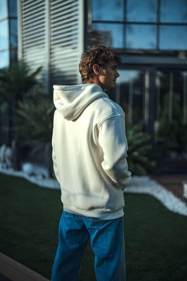 Üç İplik Penye Kapşonlu Basic SweatShirt - Beyaz (131351)