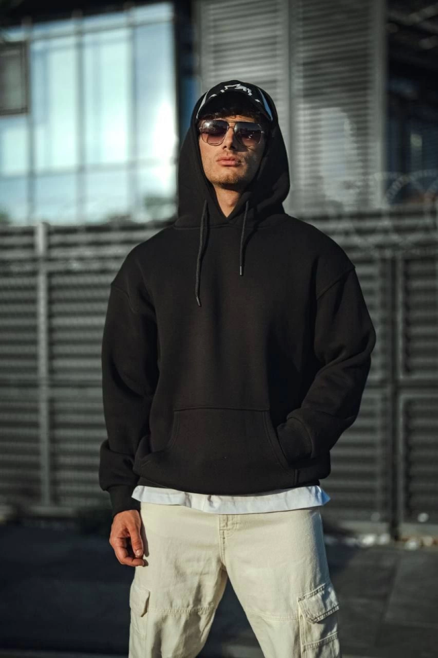 Üç İplik Penye Kapşonlu Basic SweatShirt - Siyah (131352)