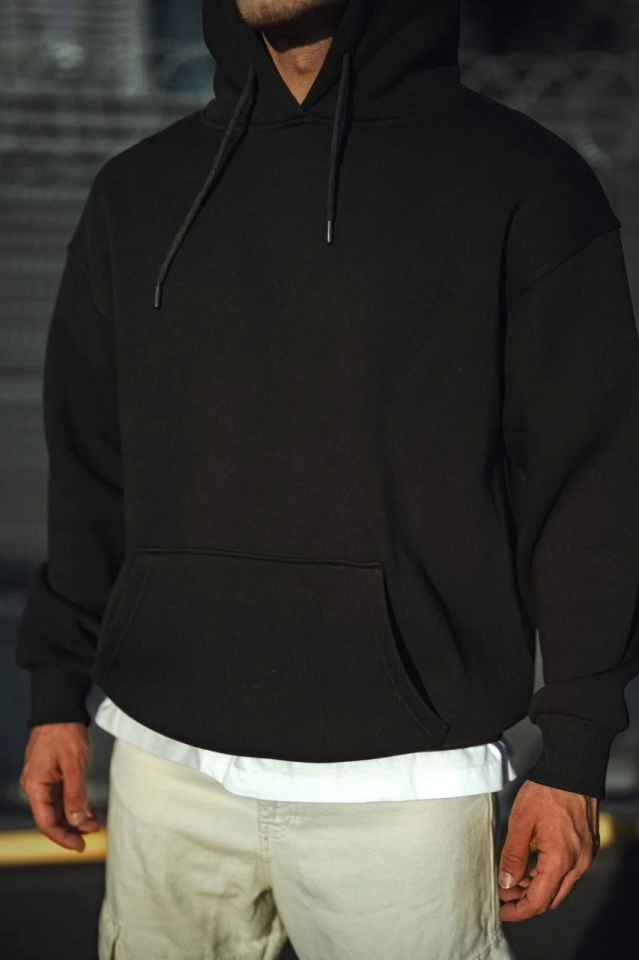 Üç İplik Penye Kapşonlu Basic SweatShirt - Siyah (131352)