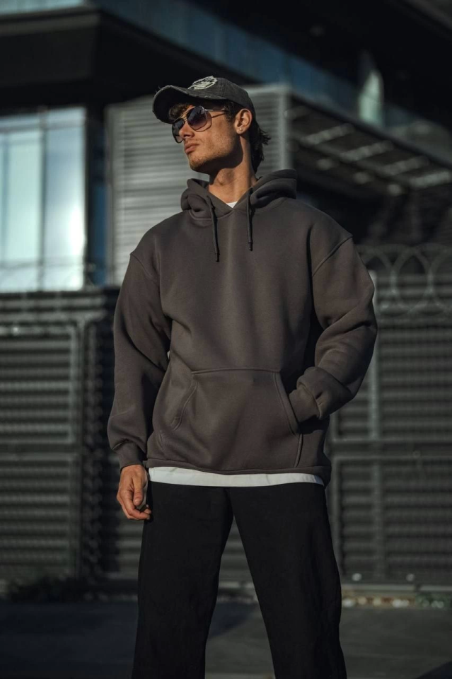 Üç İplik Penye Kapşonlu Basic SweatShirt - Antrasit (131354)