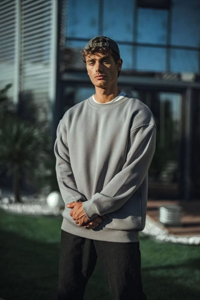 Kışlık Bisiklet Yaka Üç İplik Basic SweatShirt - Boyalı Gri (131356)
