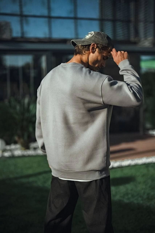 Kışlık Bisiklet Yaka Üç İplik Basic SweatShirt - Boyalı Gri (131356)