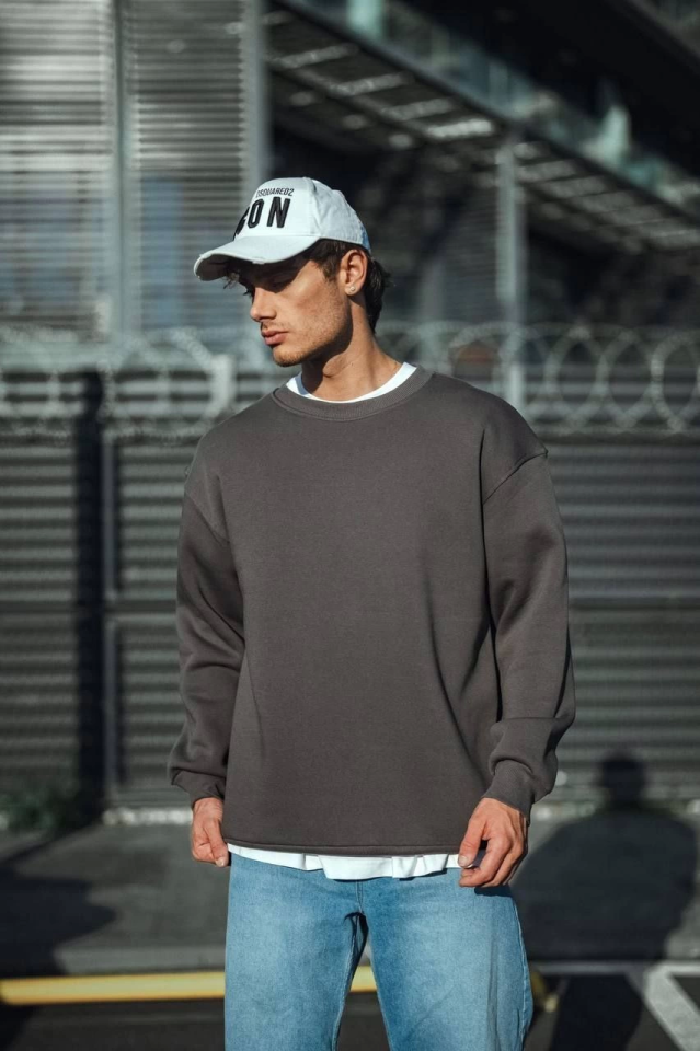 Kışlık Bisiklet Yaka Üç İplik Basic SweatShirt - Antrasit (131359)