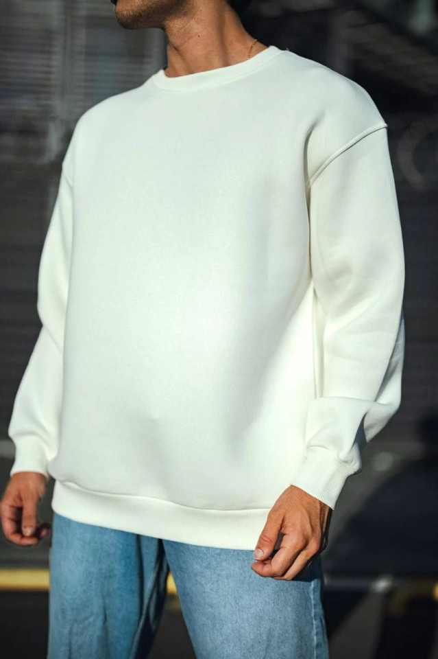 Kışlık Bisiklet Yaka Üç İplik Basic SweatShirt - Beyaz (131360)
