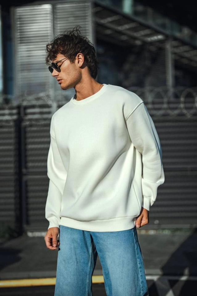 Kışlık Bisiklet Yaka Üç İplik Basic SweatShirt - Beyaz (131360)