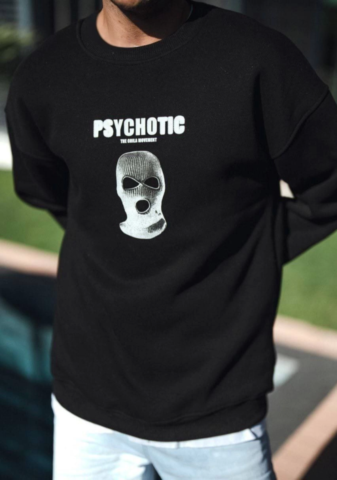 Kışlık Bisiklet Yaka Baskılı SweatShirt - Siyah (131362)