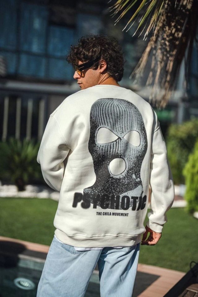 Kışlık Bisiklet Yaka Baskılı SweatShirt - Beyaz (131363)