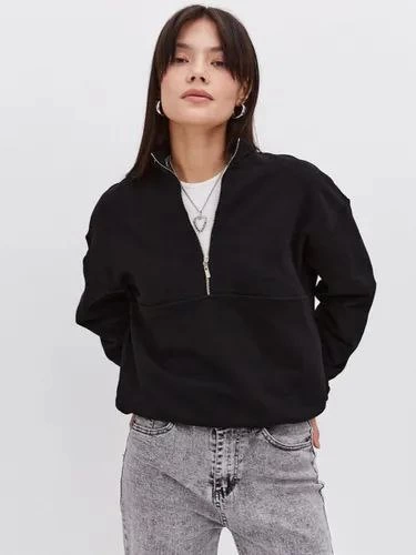 Oversize Yarım Farmuarlı Yakalı Basic SweatShirt - Siyah (131431)