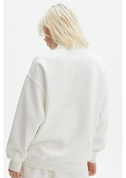 Unisex Uzun Kol Yarım Farmuarlı Yakalı Basic SweatShirt - Beyaz (131436)