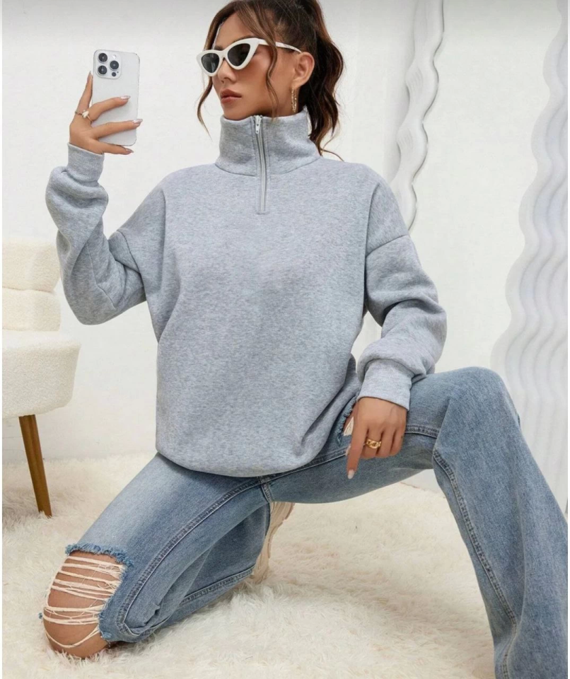 Unisex Uzun Kol Yarım Farmuarlı Yakalı Basic SweatShirt - Gri (131437)