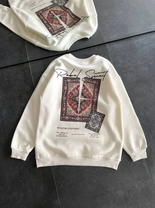 Bisiklet Yaka Baskılı SweatShirt - Beyaz (131441)