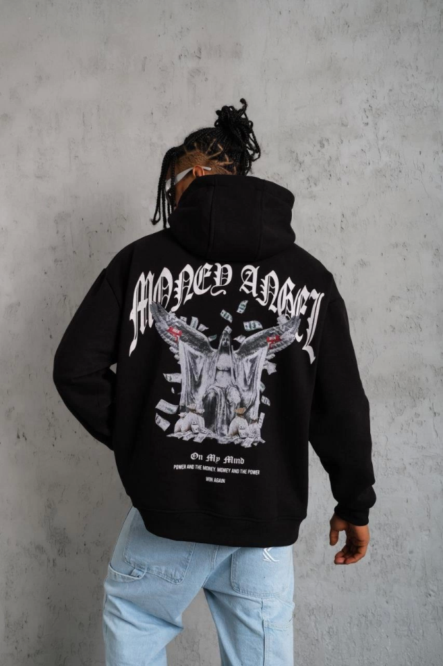 Erkek Kordon İpli Baskılı Kapüşonlu Sweatshirt - Siyah (131526)