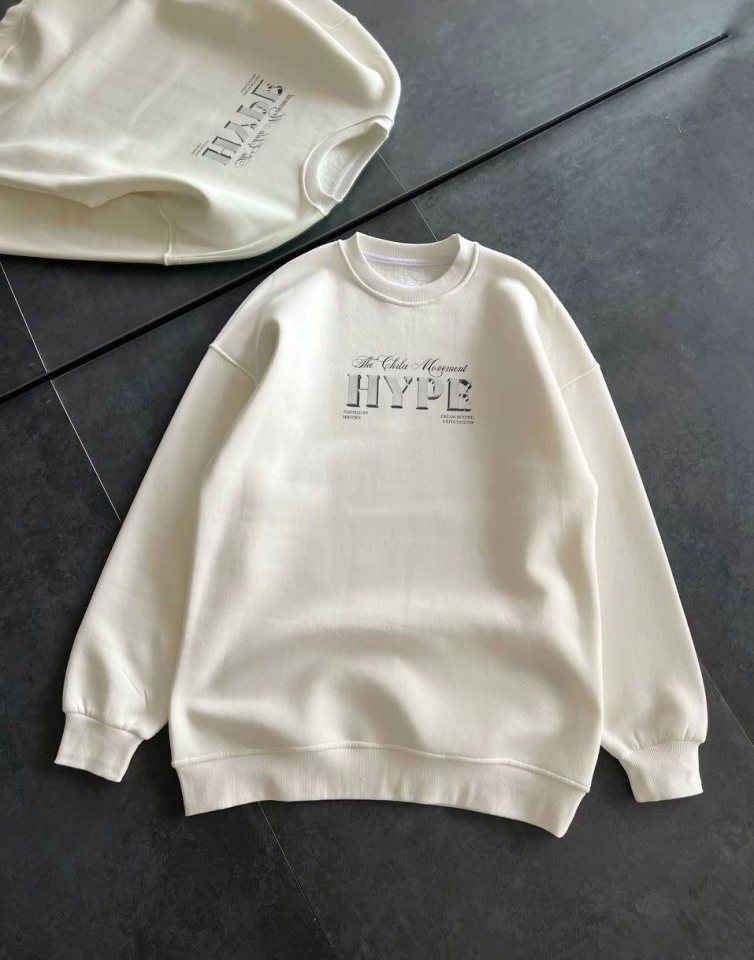 Üç İplik Bisiklet Yaka Baskılı SweatShirt - Beyaz (131537)