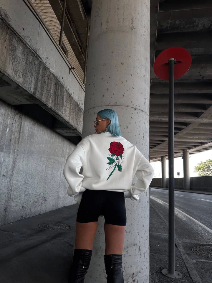 Oversize Üç İplik Bisiklet Yaka Baskılı SweatShirt - Beyaz (131575)